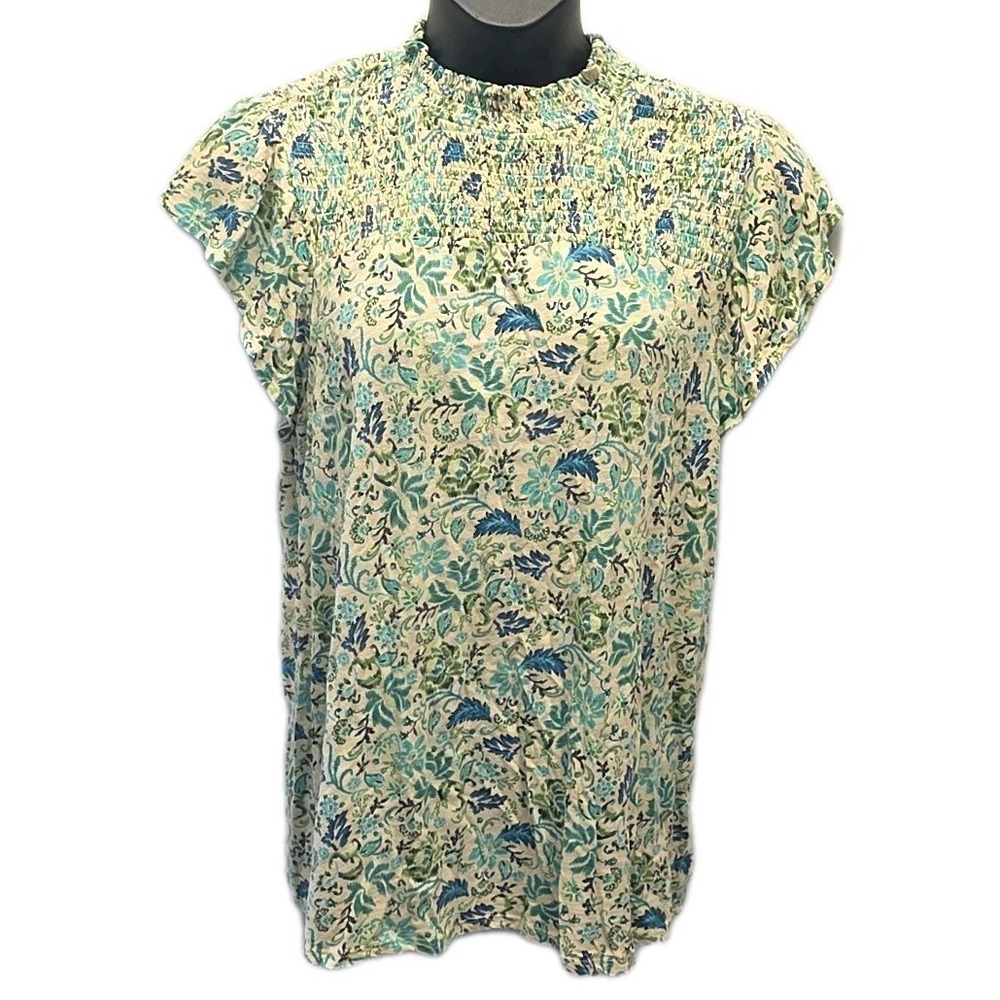 Torrid Blouse Womens 2 Blue Green Floral Smocked Mock Neck Cap Sleeve Knit Top